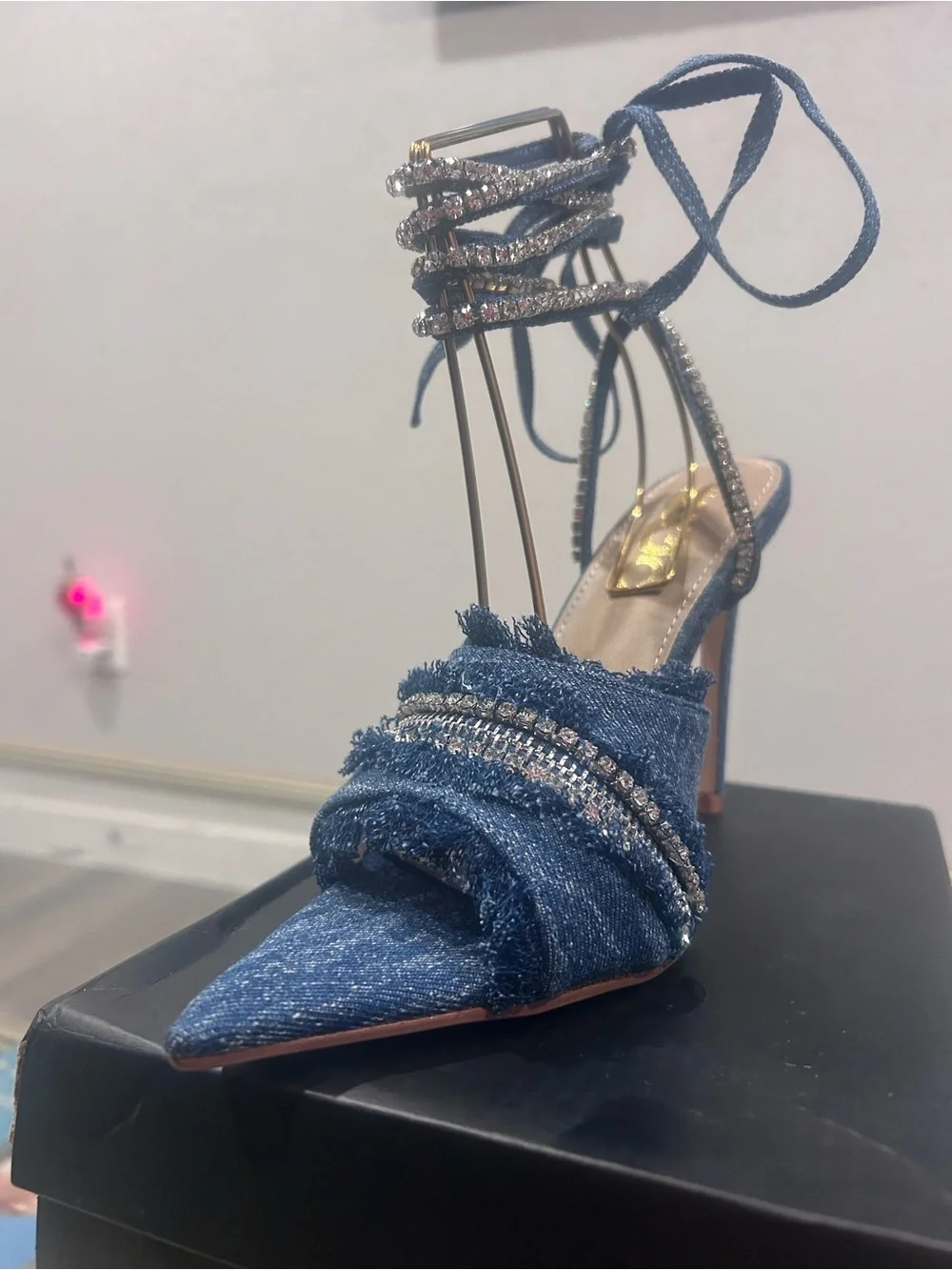 EGO Denim Pointed Toe Crystal-Ankle Lace Stiletto - Blue